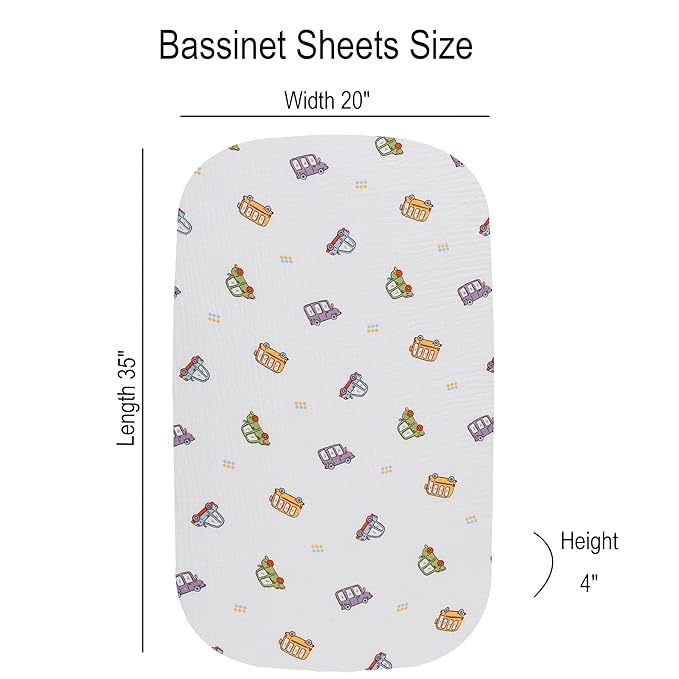 Onacosht Muslin Bassinet Sheets 3 Pack, 100% Cotton Baby Sheet 35" X 20" Compatiable with AMKE 3 in 1 Bassinets, MiClassic, Uiuwoo, Foalom, YADAQE, Milliard and TCBunny Bassinet, Dinosaur Car and Blue