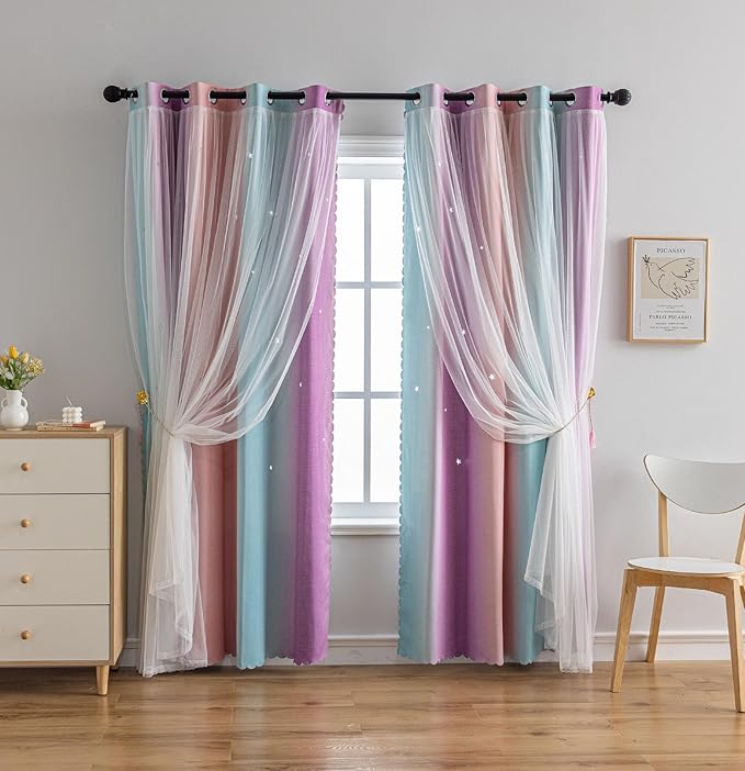 Star Girl and Kids Curtains for Bedroom Rainbow Ombre Double Layer Cute Shot Nursery Darkening Grommet Princess Room Décor 2 Panels Living Room Window Curtain (Pink Purple52W x 72L