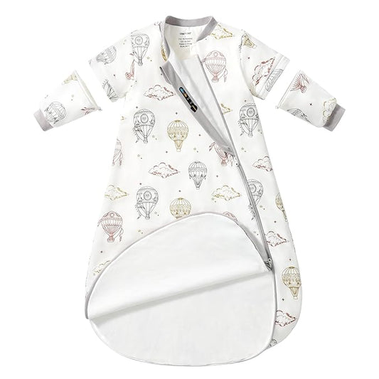Baby Sleep Sack 12–18 Months, Cotton Sleep Sack with Detachable Long Sleeves, 1.0 TOG Wearable Blanket for Cooler Nights, 2-Way Zipper Toddler Sleeping Sack with Temperature Strip, Hot Air Balloon