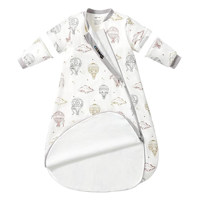 Baby Sleep Sack 3–6 Months, Cotton Sleep Sack with Detachable Long Sleeves, 1.0 TOG Wearable Blanket for Cooler Nights, 2-Way Zipper Toddler Sleeping Sack with Temperature Strip, Hot Air Balloon