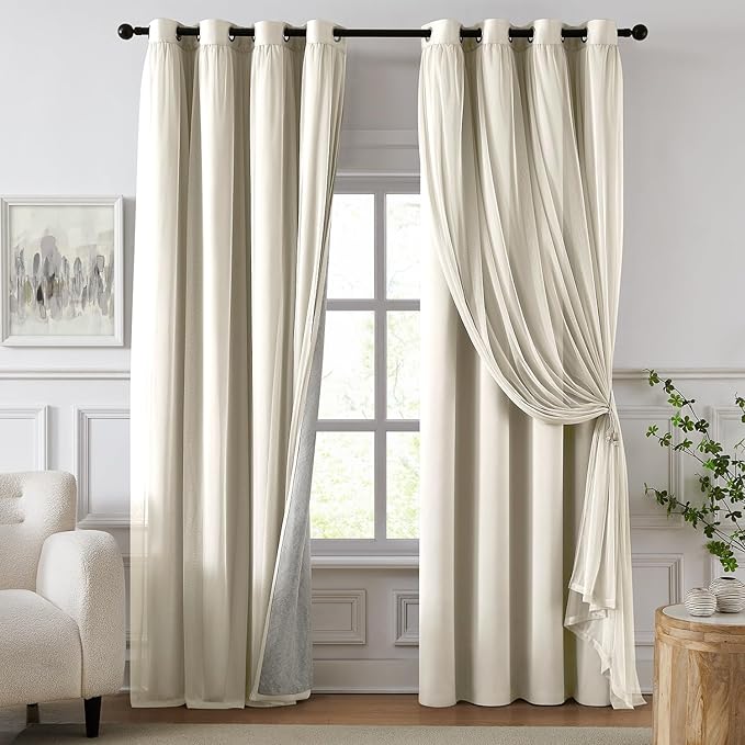 100% Blackout Curtains for Bedroom, Double Layer Ivory Curtains, Black Out Curtain 63 inch Long with Sheer Overlay for Living Room, Room Darkening Window Drapes with Grommet, 52" W x 63" L