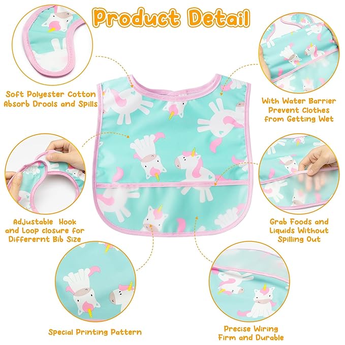 2ooya 6Pcs Baby Feeding Bibs with Crumb Catcher Pocket Adjustable Waterproof Sleeveless Teething Bib Set Toddler Infant Keepsake Gift for Baby Shower, 6-24 Months