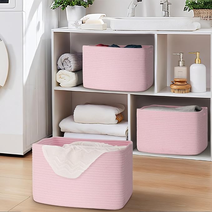 Woven Storage Baskets, Pink Baskets for Organizing, 3 Pack Woven Basket for Storage, Storage Baskets for Shelf, Towel, Toy, Book, Closet, Baby 15"×10"×9"