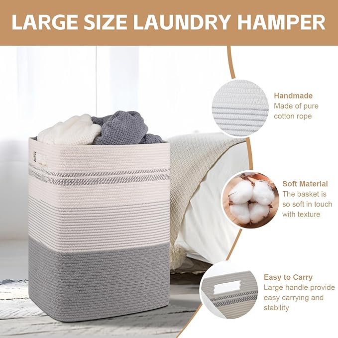 Laundry Basket, Large Woven Rope Tall Laundry Basket with Handles, Decorative Storage Basket for Clothes and Blankets in Living room, Bedroom