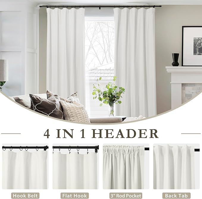 ChadMade Privacy Protection Curtains 84 Inches Long, Rod Pocket Back Tab Hook Belt Flat Hooks Drapes 2 Panels Blackout Window Treatments for Bedroom, Ivory White, 2 Panels, 50 W x 84 L Inch