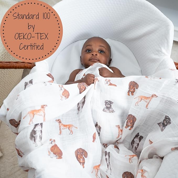 LollyBanks Muslin Swaddle Blankets 2PACK, 100% Cotton Baby Blanket 47 x 47 Inches, Large Baby Swaddle Breathable, Muslin Blankets for Boys and Girls (Cat and Dog Print)