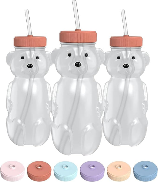 The 730 Project Honey Bear Straw Cup for Babies, 8-oz Honey Bear Cup with Lid, 3-Pack Therapy Learning Honeybear Straw, Baby Bottle Set, Firetruck RED