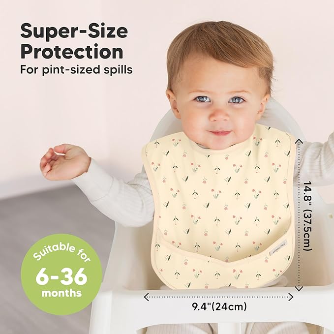 3-Pack Waterproof Baby Bibs for Eating - Lightweight Toddler Feeding Bibs with Large Food Catcher, Mess Proof, Food-Grade Baby Eating Essentials, Easy to Put On & Clean (Fleur)