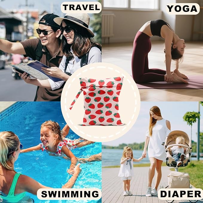 2Pcs Fruits Wet Bags 12x10 Inch, Strawberry Orange Waterproof Travel Laundry Bags, Reusable Wet Dry Bag for Swimsuit Beach Diapers Dirty Yoga Gym Clothes, Travel Gifts for Women Friend Travelers