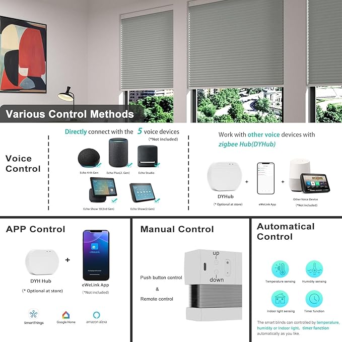 Changshade Smart Motorized Blinds Cellular Shades Remote Control Work with Alexa, Google Home, Smarthings, Custom Size Auto Electric Power Automatic for Indoor Windows Doors, Light Filtering, Grey