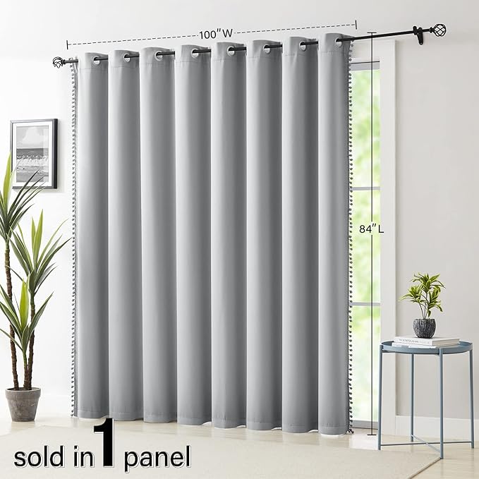 Treatmentex Grey Extra Wide Blackout Curtains 100x84 Length Pom Pom Grey Sliding Door Curtains for Bedroom Thermal Insulated Living Room Divider Drapes Grommet Top 1pc, 7' Tall by 8.5' Wide