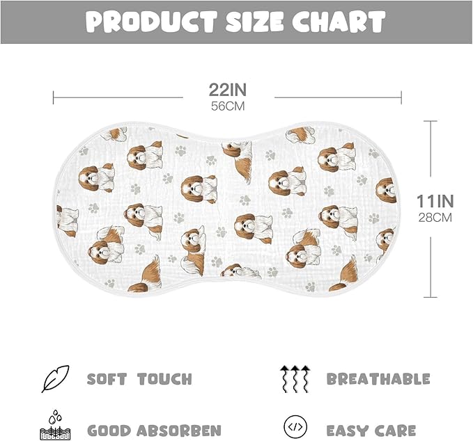 Qinllo 4 Pack Muslin Burp Cloths Shih Tzu Dogs White Cotton Baby Burp Cloths Absorbent Soft Burping Cloth Washcloths for Newborn Boys Girls 22x11 Inch