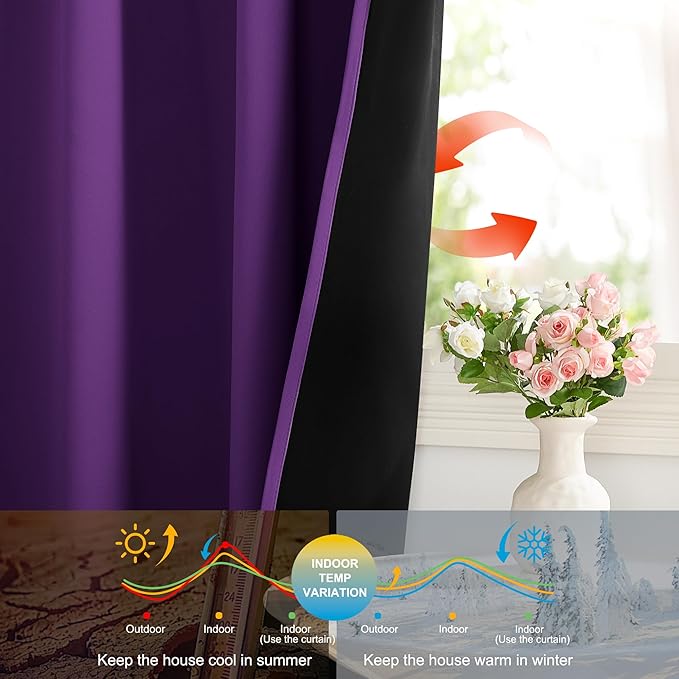 NICETOWN Royal Purple 100% Blackout Curtains for Bedroom, 52x84 Inches Set of 2 for Living Room, Privacy Protection & Noise Reducing Drapes Black Lined Insulated Window Treatment Panels