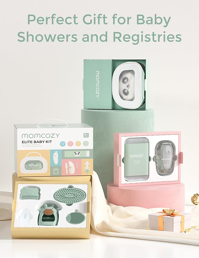 Momcozy Elite Baby Kit, Superior Baby Shower & Registry Essential Kit for Grooming & Health & Cleansing Care, Electric Nail File & Nasal Aspirator,Tummy Wrap,Thermometer,Bath Brush,Teether,Storage Bag