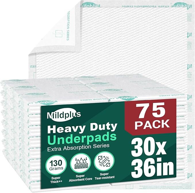 MILDPLUS Heavy Duty Underpads 30x36 Inch ,75 Count, Ultra 10 Times More Absorbent Chucks Pads, Tear-Resistant Disposable Bed Pads with Strength Cloth Backing for Adults, Elderly Care