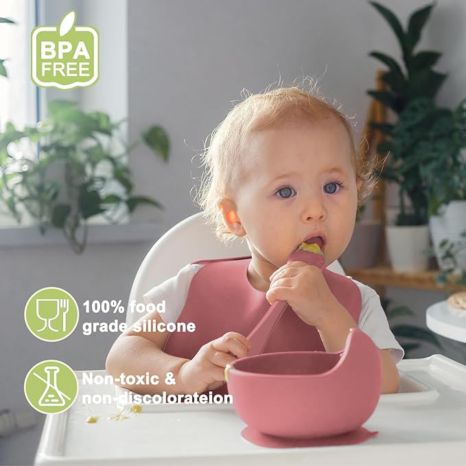 Munlinder Silicone Baby Feeding Set | Baby Led Weaning Supplies Includes Suction Bowls and Divided Plates, Adjustable Bib, Baby Utensils Spoons and Forks,Cup | Baby Feeding Essentials (Red)