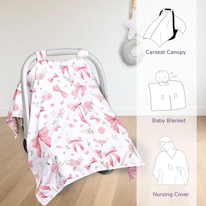 Baby Car Seat Cover, Peekaboo Opening Car Seat Canopy for Baby Girls Boys, Mom Nursing Breastfeeding Covers, Blanket for Infant, Pink Rose