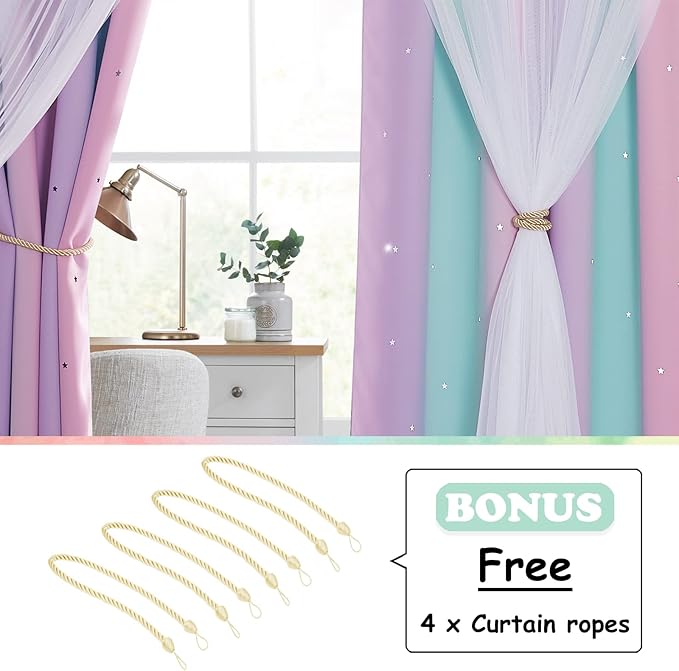 NICETOWN Baby Room Decor, White Gauze & Blackout Drapes Assembled, Star Cut Romantic and Colorful Curtains with Versatile Styling Options for Birthday Party (Blue & Purple & Pink, Each is W52 x L84)