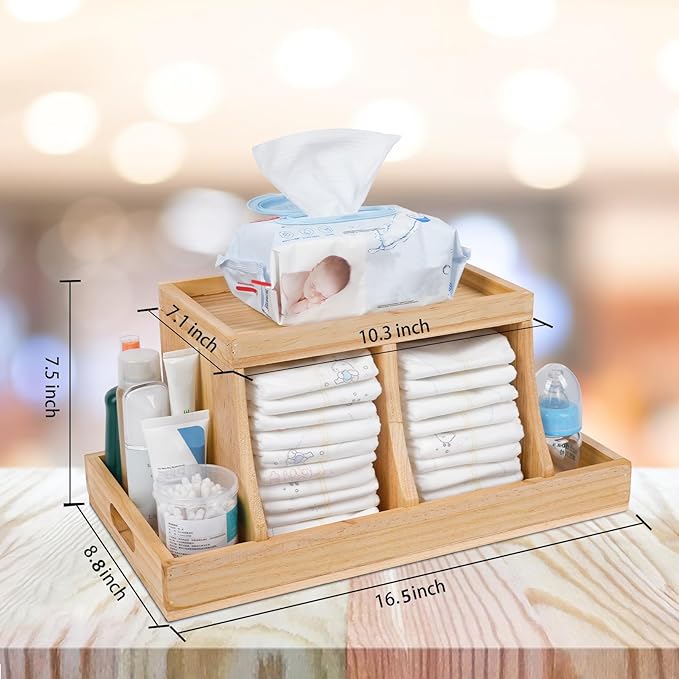 Diaper Caddy Organizer, Changing Table Organizer, Wooden Diaper Organizer for Nursery, Baby Diaper Storage Organizer with Removable Dividers (Brown, Rectangular Size)