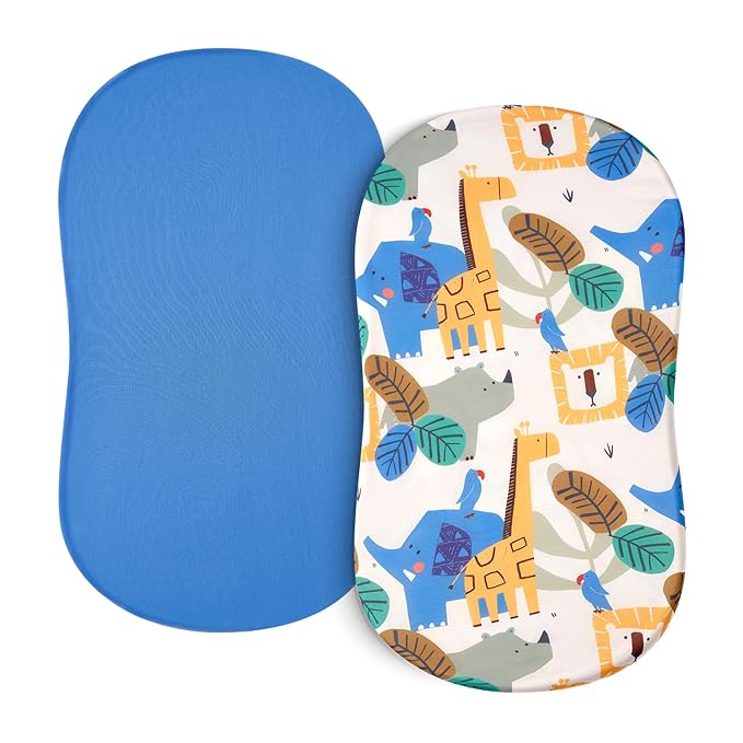 TILLYOU Baby Bassinet Sheets for Girls Boys 2 Pack Baby Sheets for Square Rectangle Oval Bassinet Mattress 33X16 Inch, Animal Geometry & Blue