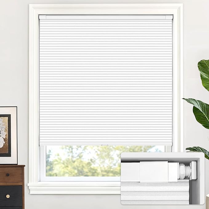 LazBlinds Cordless Cellular Shades, No Tools No Drill Blackout Honeycomb Shades Pleated Blinds for Windows, 48" W x 64" H, Silver White