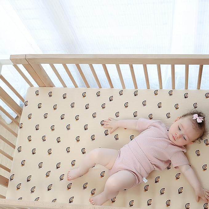 Breathable Muslin Crib Sheets for Boys 2 Pack Organic Cotton Crib Sheets Neutral for Baby Girls Soft Sheets Fitted Toddler Bed&Standard Crib Mattress 28"x 52"(Brown&Rainbow)