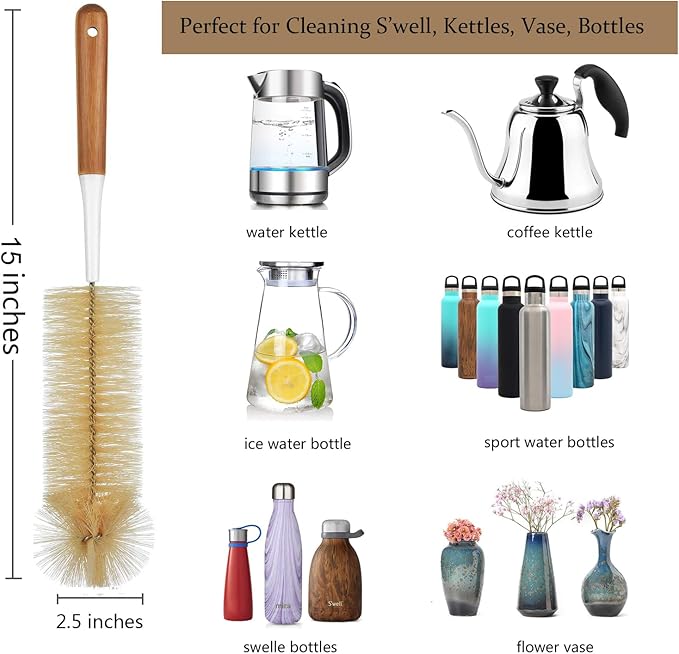 ALINK 5-Pack Bottle Brush Cleaner - Extra Long Bamboo Handle Water Bottle Straw Cleaning Brush for Washing Narrow Neck Beer Wine Decanter, Sports Bottle, Thermos, Flask, Jug