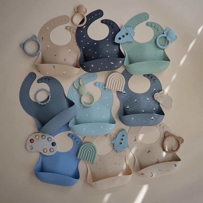 mushie Silicone Baby Bib | Adjustable Fit Waterproof Bibs (Cambridge Blue Confetti)