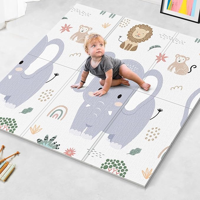 59x59 Foldable Foam Baby Play Mat for Floor, Babies Activity Tummy Time Playmat, Kids Non Toxic Foam Thick Play Mat for Baby, Toddlers, Waterproof & Anti-Slip Crawling Mats,Elephant,59x59x0.4