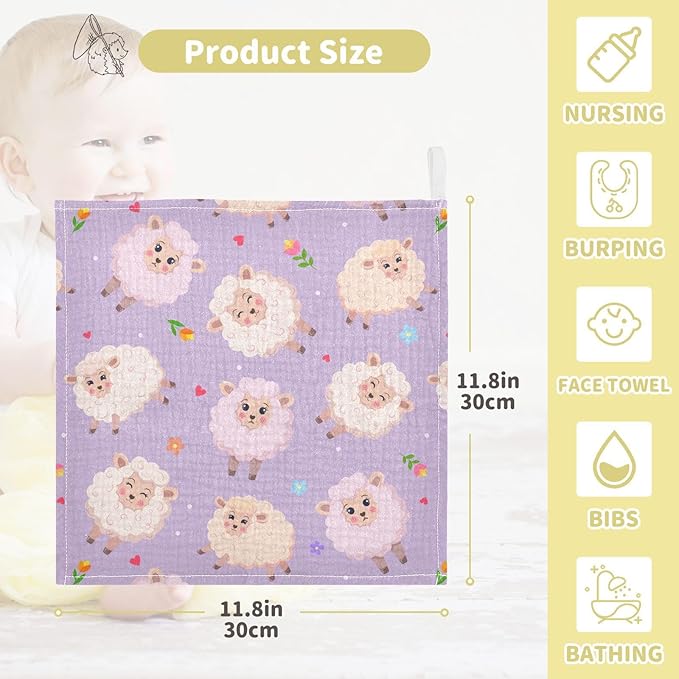 vvfelixl Charming Sheeps Baby Burp Cloths Baby Muslin Washcloths for Boys Girls Cotton Baby Face Towel for Newborn Infants Soft and Absorbent 11.8 X 11.8In, 5 Pack