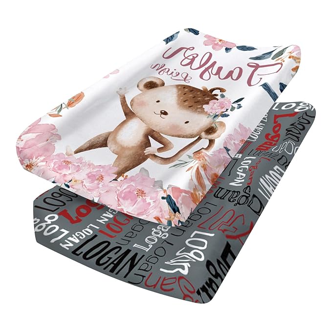 Custom Changing Pad Cover Set - Jersey Knit Ultra Soft Unisex Waterproof Diaper Changing Table Covers with Personalized Name for Baby Boys Girls - Comfy Cozy 2 Pcs Set Style14