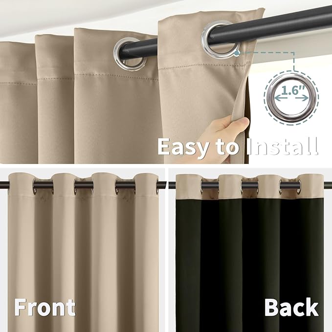 BGment Thermal Insulated 100% Blackout Curtains for Bedroom with Black Liner, Double Layer Full Room Darkening Noise Reducing Grommet Curtain (38 x 63 Inch, Sand, 2 Panels)