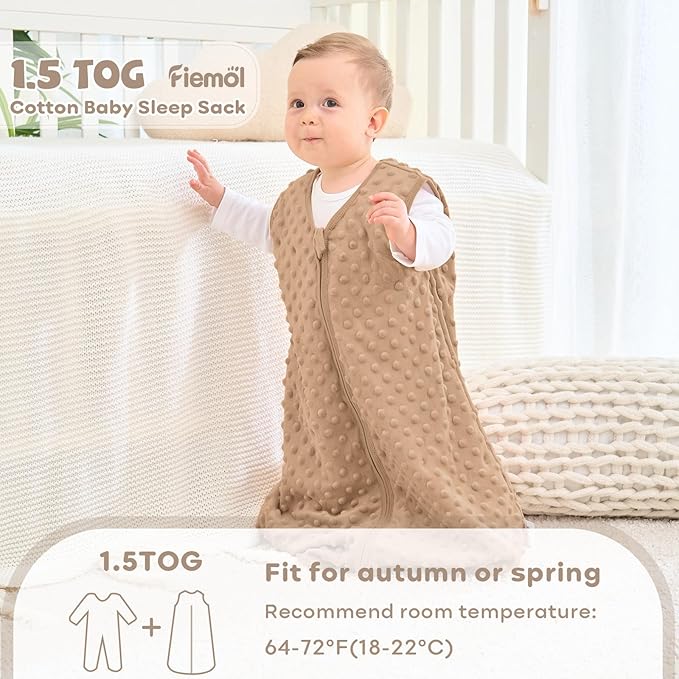 FIEMOL Fleece Baby Sleep Sack 18-24 Months, 1.5 TOG Cotton Baby Wearable Blanket With Soft Plush Dots, 2 Pack Newborn and Infant Warm Sleeping Sack with 2-Way Zipper Brown&Coffee
