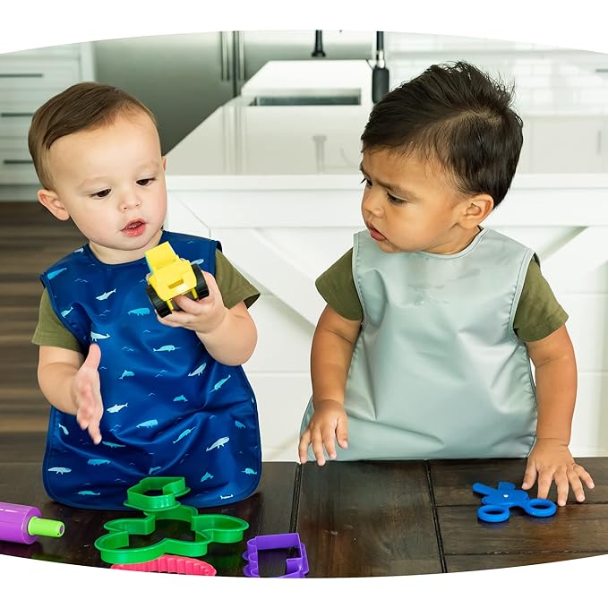 Tiny Twinkle Mess Proof Baby Bibs | 2 Pack Waterproof Toddler Bib for Eating | Baby Apron for Feeding, Machine Washable, Perfect Shower Gift (Sage Charcoal, 2-4Y)