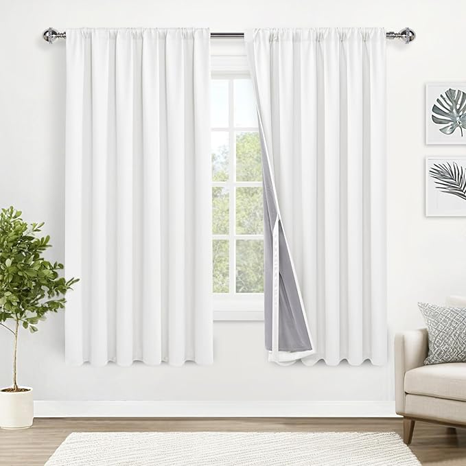 XWZO 100% Blackout Curtain with Tiebacks- Rod Pocket & Back Tab Thermal Insulated Black Liner Curtains, Noise Reducing and Heat Blocking Drapes for Large Windows, Ivory, W70 x L63, Set of 2