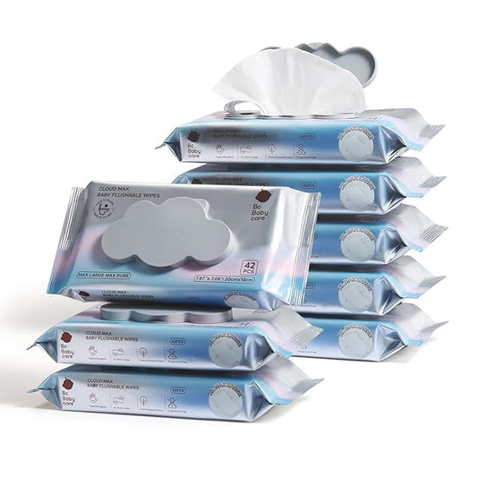 Bc Babycare Cloud Max Flushable Wipes, Hypoallergenic for Sensitive Skin, 99% Water, Plant-Based Fibers, Sewer + Septic Safe, Fragrance Free Toddler Potty Training, 336 Wipes, 8 Pack