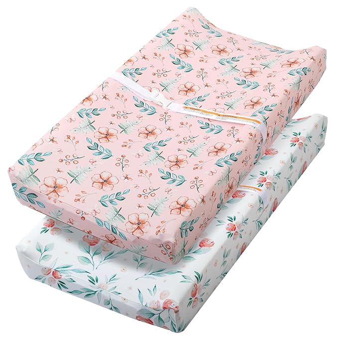 FHMJYH Changing Table Pad Cover Elastic Changing Pad Cover Premium Baby Changing Pad Cover 2 Pack for Boys Girls Soft Comfortable and Secure (Pink Flower)