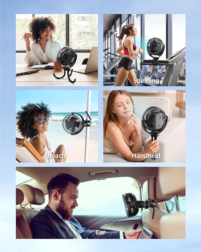 Koonie 5000mAh Portable Stroller Fan - 3-Speed Battery Operated, Flexible Clip-on Tripod, 360° Rotate Flexible Tripod，USB Rechargeable Cooling for Bike, Treadmill, Travel & Car Seat