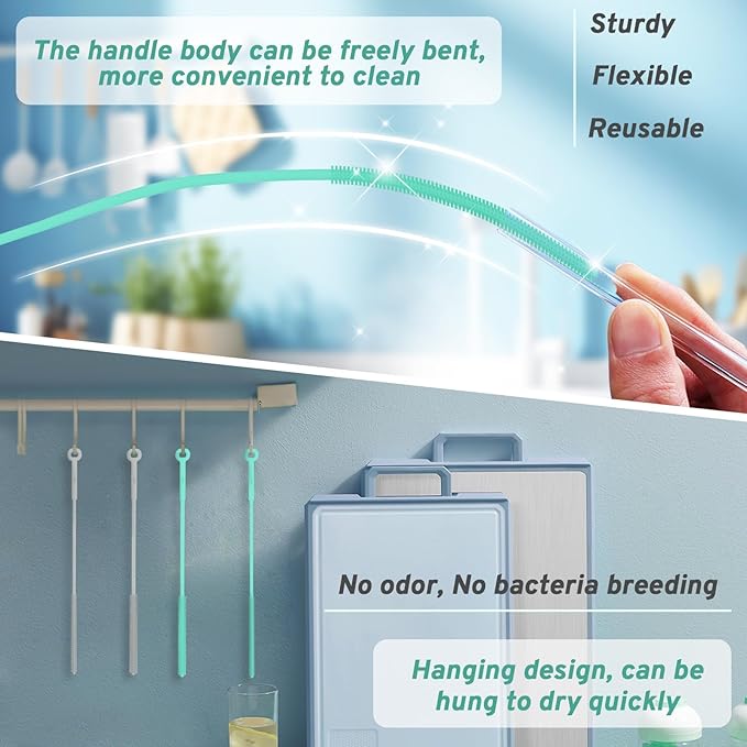 WQSS AOEIU Reusable Silicone Straw Brush,Straw Cleaner,Pipe Cleaners,Extra Long Cleaner Brush for Cleaning Bottle Metal Glass Straws Drink Lid,Straw Cover,Smoothie Straw,Drinking Mint Green 6mm+8mm