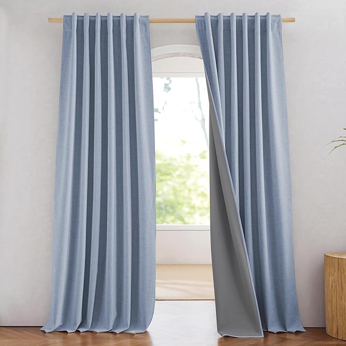 NICETOWN 100% Blackout Stone Blue Linen Curtains 90 inches Length with Thermal Insulated Liners for Bedroom, 2 Panels, 52" W, Room Cooling Noise Reducing Window Treatment Drapes for Living Room