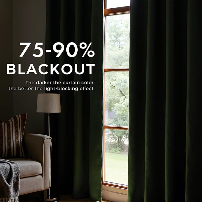 PRIMROSE Emerald Olive Green Velvet Curtains 102 inch Long for Living Room,Set of 2 Panels Blackout Rod Pocket Back Tab Window Treatment Room Darkening Heavy Decorative Curtains Drapes for Bedroom