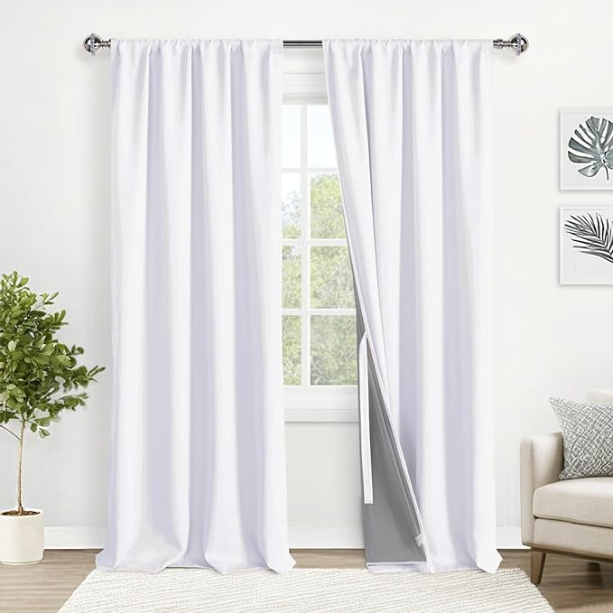 XWZO White 100% Blackout Curtains- Heat and Full Light Blocking Drapes with Black Liner for Basement, Back Tab & Rod Pocket Thermal Insulated Window Panels with Tiebacks, W52 x L108, Set of 2
