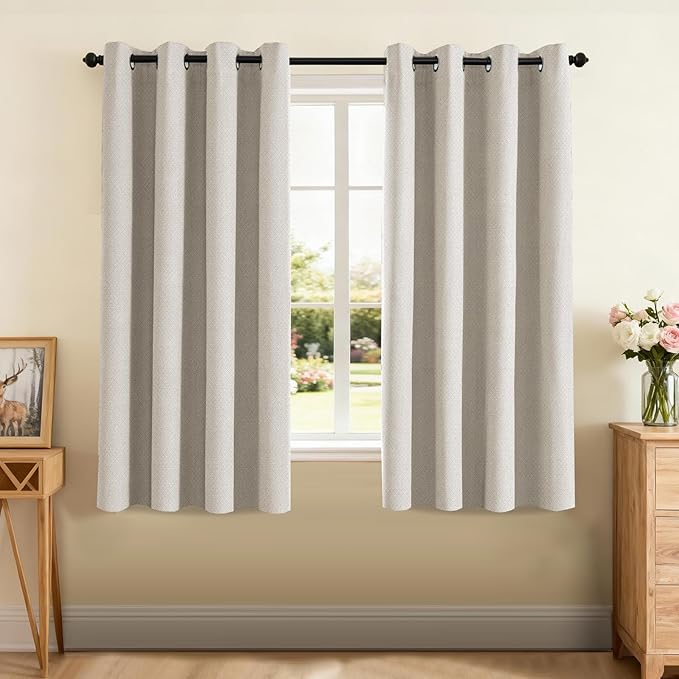 PrinceDeco 100% Blackout Curtains for Bedroom 63 Inches Long, Grommet Living Room Drapes, Thermal Insulated Blackout Curtains 2 Panels Set,Jacquard-Woven,55" W x63 L, Natural