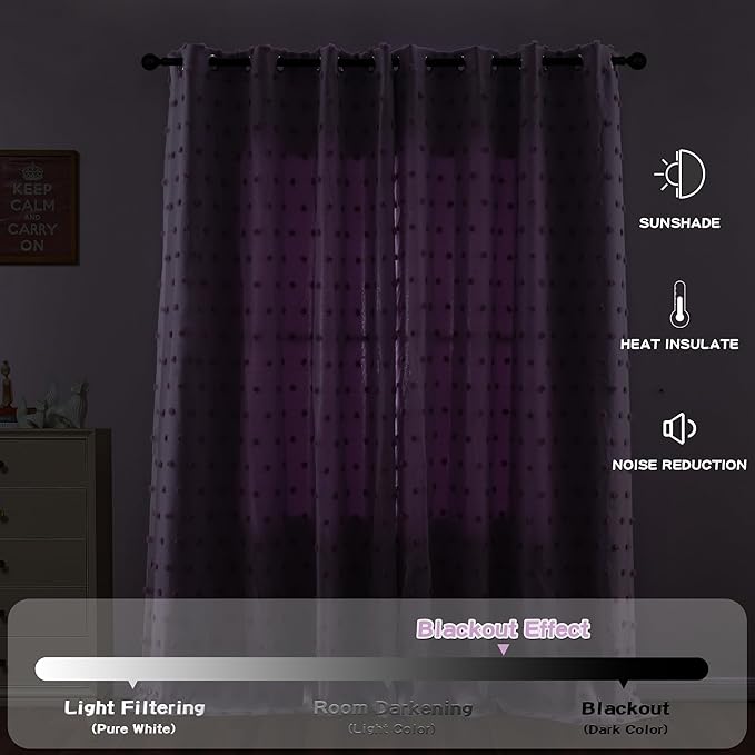 MYSKY HOME Lilac Curtains for Girls Bedroom Pom Pom Sheer Curtain 63 Inches Length Thermal Insulated Nursery Blackout Curtains Room Darkening Short Kitchen Drapes Grommet, 52 x 63 in, 2 Panels