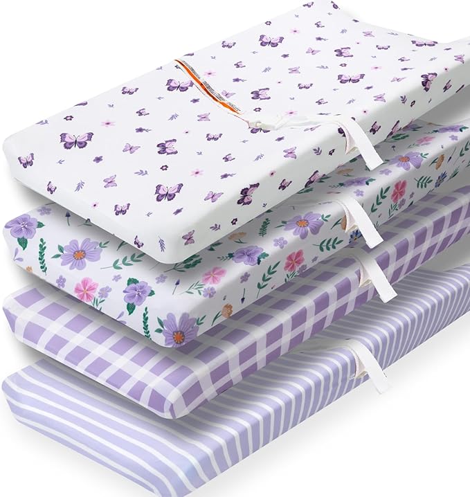 4 Pack Butterfly Baby Crib Sheets for Baby Girls Purple Crib Fitted Sheets for Standard Size Crib and Toddler Mattress Soft and Breathable (Changing Pad)