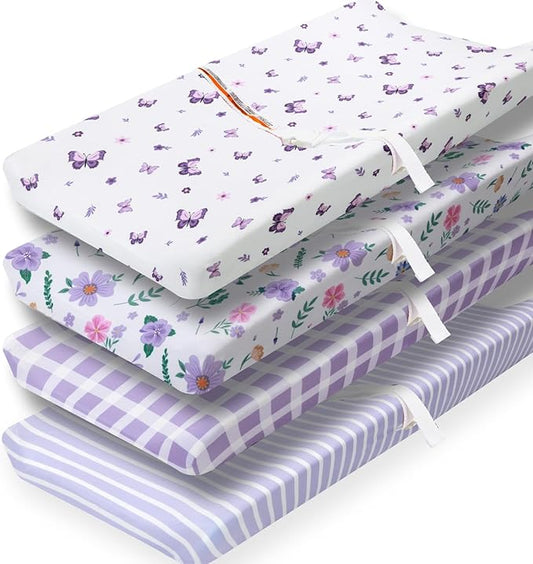 4 Pack Butterfly Baby Crib Sheets for Baby Girls Purple Crib Fitted Sheets for Standard Size Crib and Toddler Mattress Soft and Breathable (Changing Pad)