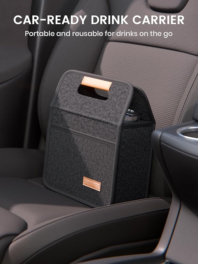 Fluxynara 2-Cup Reusable Felt Drink Carrier with Handle and Adjustable Shoulder Strap, Drink Holder for Car, Multi-Cup Drink Carrier Bag for Delivery, Travel, Picnics (Charcoal Gray)