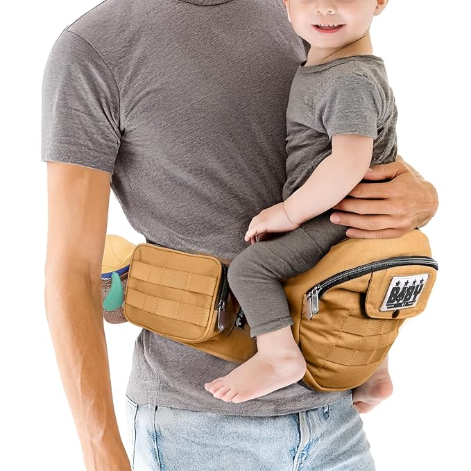 Dinictis Baby Hip Carrier, Ergonomic Waist Carrier with Hip Seat for Newborn to Toddler (Up to 45 lbs), Adjustable Wide Waistband, Molle Webbing & Multiple Pockets, Coyote Brown