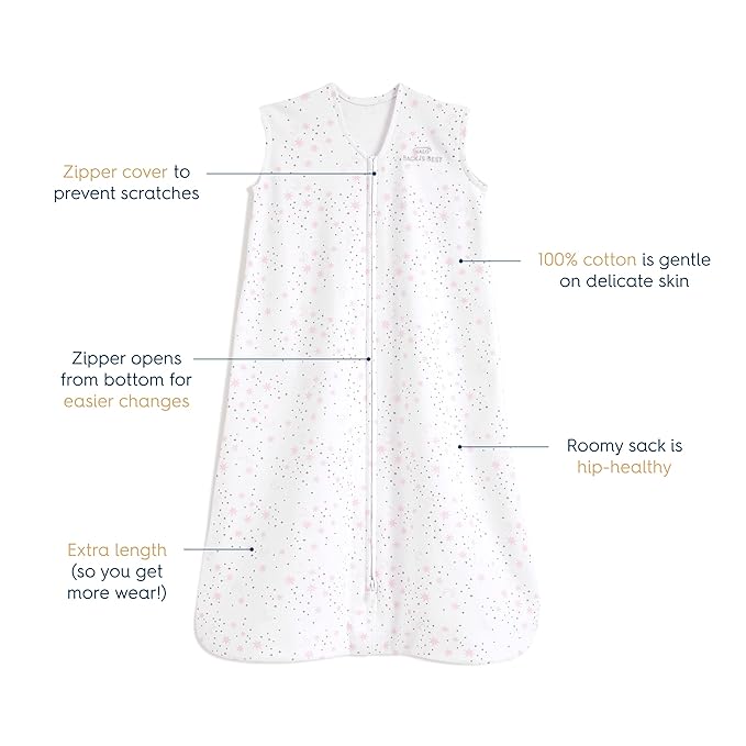 HALO SleepSack, 100% Cotton Wearable Blanket, Swaddle Transition Sleeping Bag, TOG 0.5, Twinkle Pink, Large, 12-18 Months