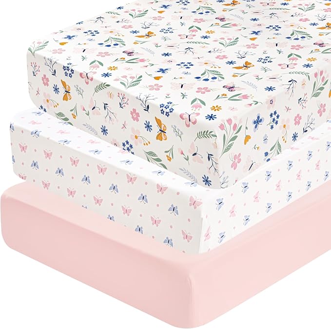 david's kids 3 Pack Fitted Crib Sheets, Ultra Soft Breathable Comfortable Baby Sheet Set for Boys Girls Neutral, 28x52 Inch Fits Standard Crib and Toddler Mattresses, Floral & Butterfly